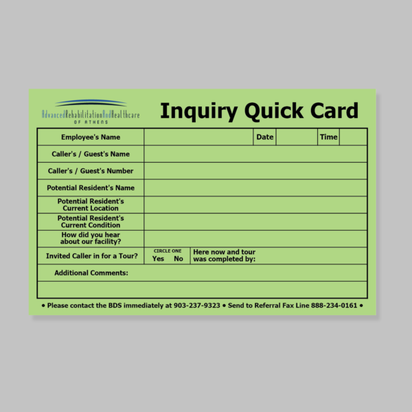 Facility-specific Inquiry Quick Card notepads (information view)